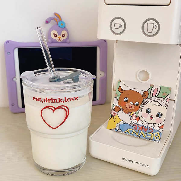 Cute 'Eat, Drink, Love' Printed Korea Style Transparent Coffee Mug with Lid