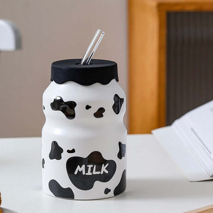 Cute Korean Style Cow Pattern Ceramic Water Bottle with Straw