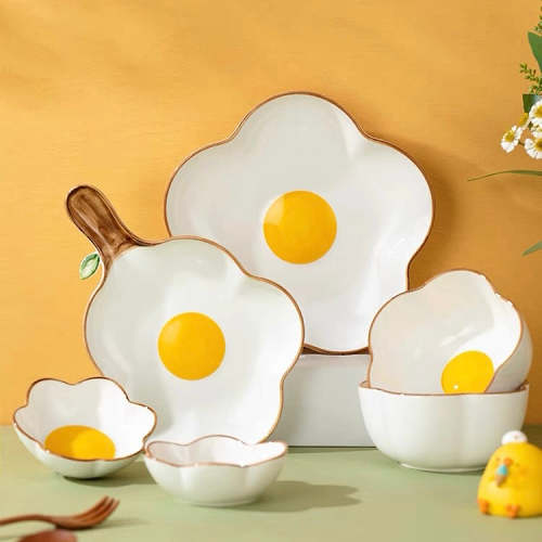 Cute Sunshine Fried Egg Ceramic Bowl & Plate Set