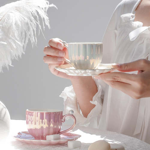 Cute Mermaid Style Pearl Shell Ceramic Tea Cup with Plate
