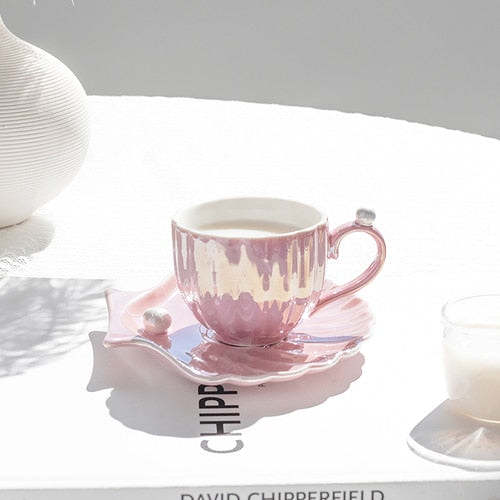 Cute Mermaid Style Pearl Shell Ceramic Tea Cup with Plate