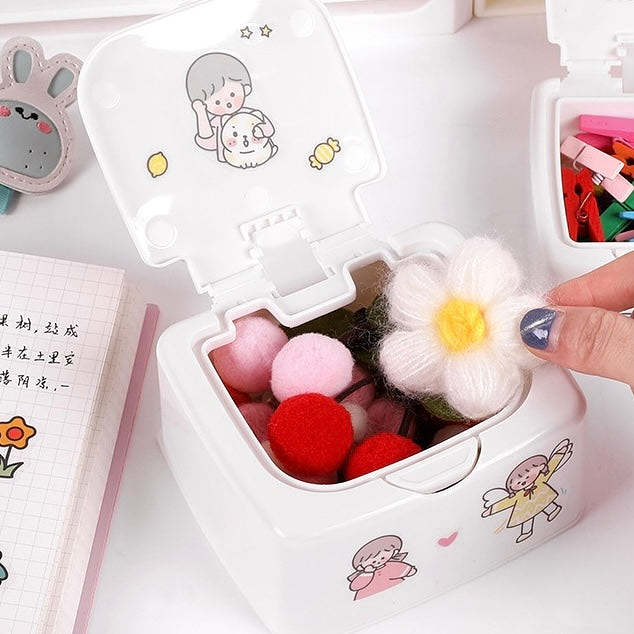 Cute Kawaii Push Button Desktop Mini Storage Organizer Box with Lid