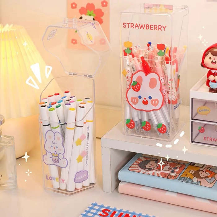 Cute Bunny Print Acrylic Transparent Pen & Makeup Brush Holder