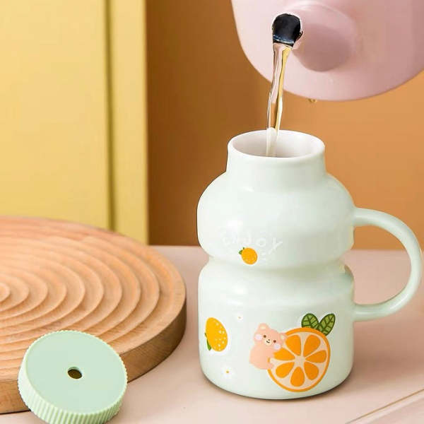 Cute Ceramic Yogurt Drink Mini Fruits Mug Cup with Straw