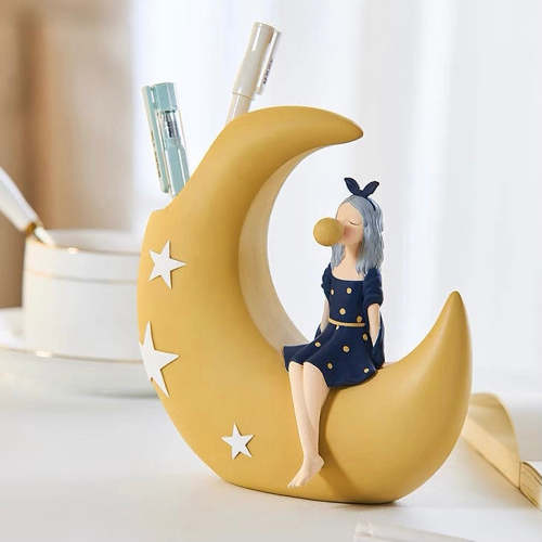 Cute Ribbon Girl on Moon Modern Home Decor Stationary & Makeup Holder