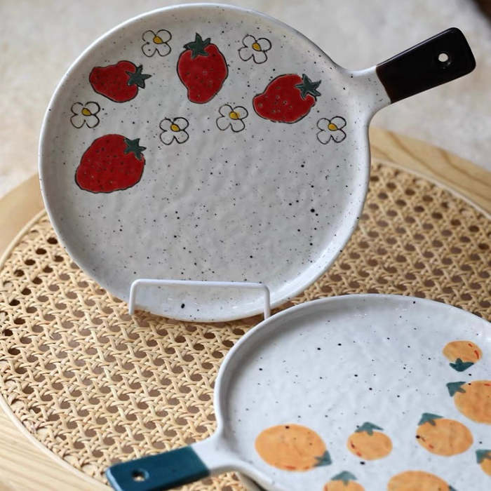 Cute Japanese Style Ceramic Fruity Flat Plate with Handle