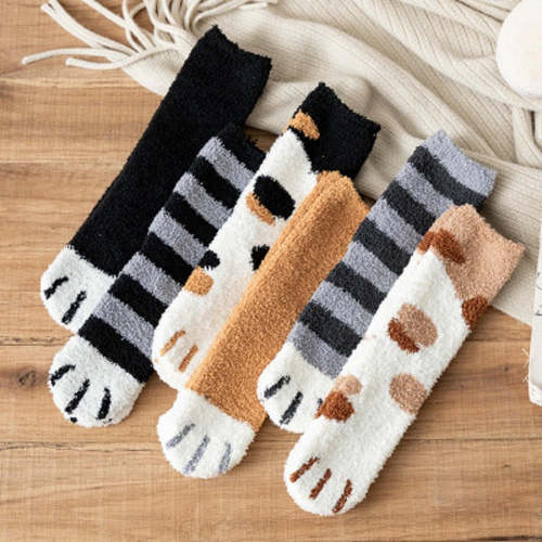 Cute Coral Fleece Cat Paw Winter Warm House Sleeping Socks