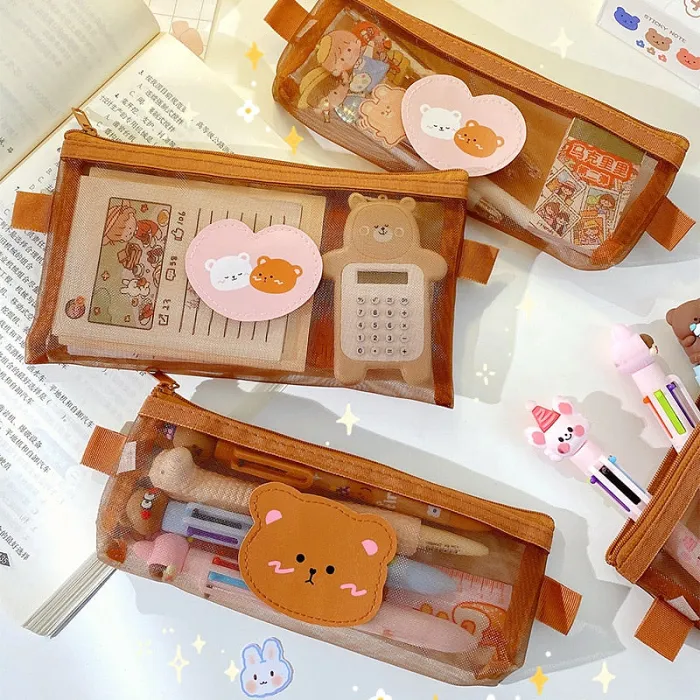 Cute Kawaii Teddy Bear Transparent Mesh Pencil Case