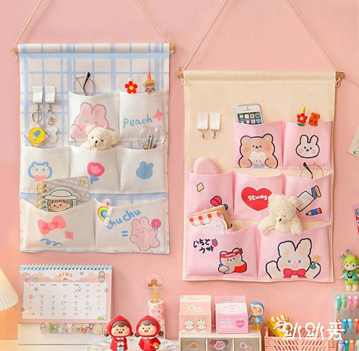 Cute Kawaii Bear & Bunny Friends Wall Hanging Pocket Storage Bag