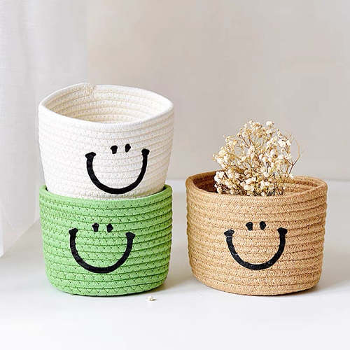 Cute Smiley Cotton Rope Woven Basket Storage