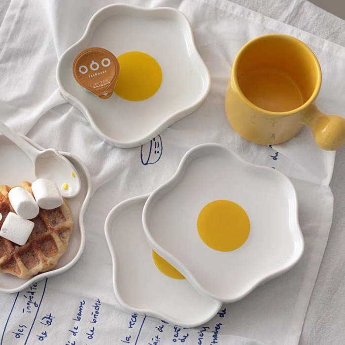 Cute Korean Style Sunshine Egg Shape Ceramic Plate