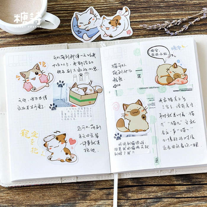 Mini Cartoon Cat Illustration Scrapbooking Box Sticker