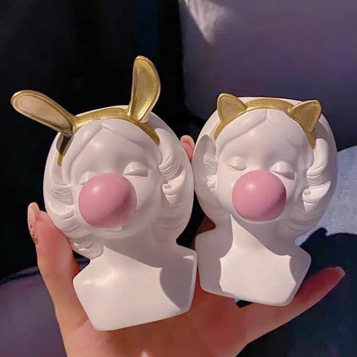 Nordic Style Cute Bubble Gum Rabbit Cat Girl Resin Vase