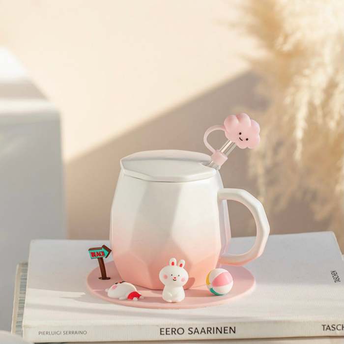 Cute Mini Animals Pastel Gradient Ceramic Office Mug with Lid