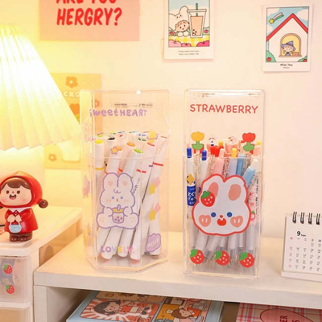 Cute Bunny Print Acrylic Transparent Pen & Makeup Brush Holder