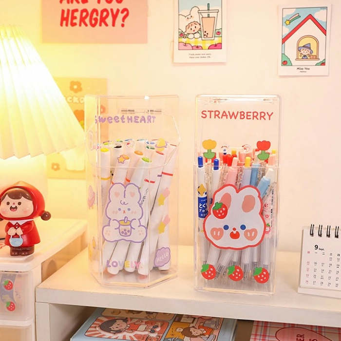 Cute Bunny Print Acrylic Transparent Pen & Makeup Brush Holder