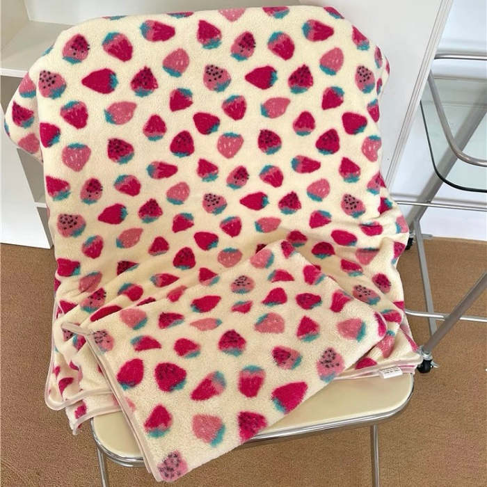 Cute Strawberry Pattern Soft Cozy Coral Fleece Towel & Blanket Set