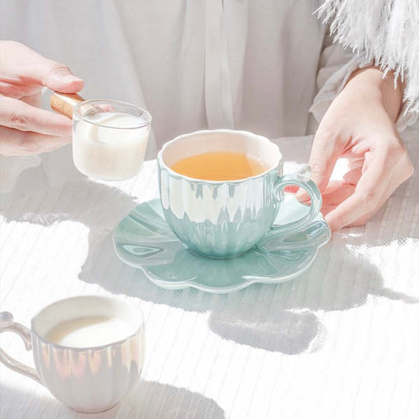 Cute Mermaid Style Pearl Shell Ceramic Tea Cup with Plate