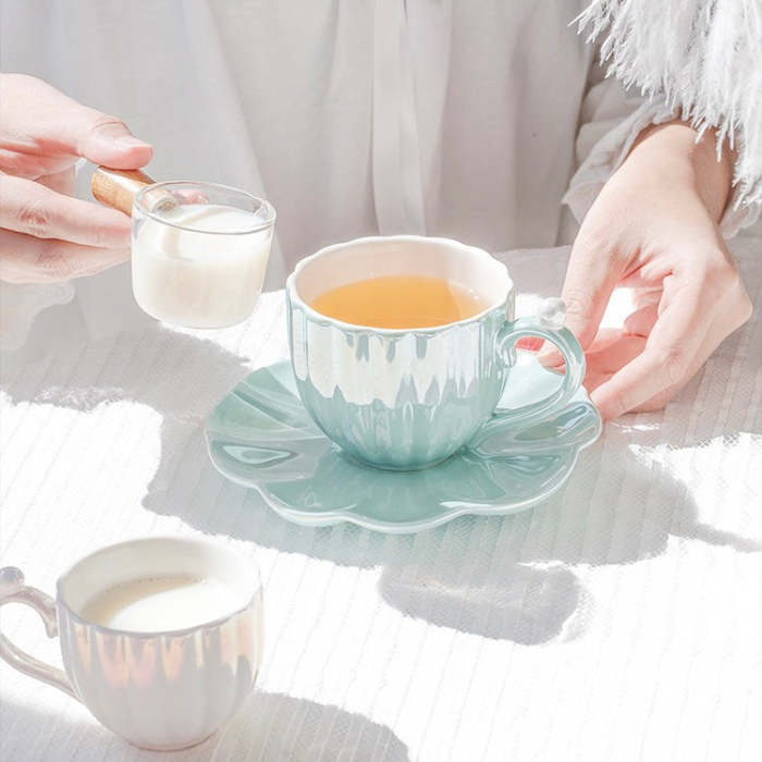 Cute Mermaid Style Pearl Shell Ceramic Tea Cup with Plate