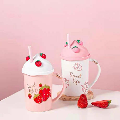Cute Pink Strawberry Milkshake Ceramic Water Mug with Lid