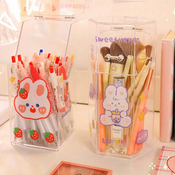 Cute Bunny Print Acrylic Transparent Pen & Makeup Brush Holder