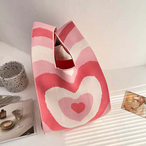 Cute Hearty Illustration Colourful Knitted Shopping Bag
