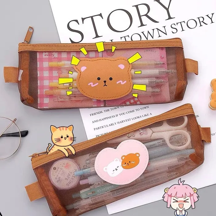 Cute Kawaii Teddy Bear Transparent Mesh Pencil Case