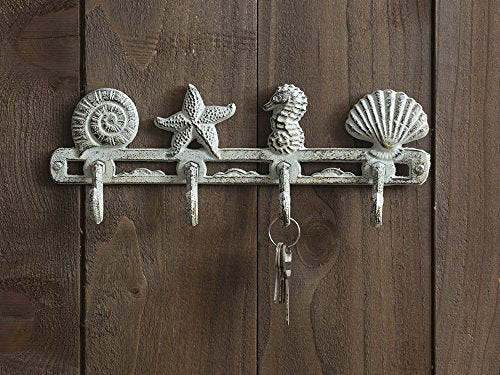 Vintage Seashell Coat Hook Hanger Rustic Cast Iron Wall Hanger w/ 4 Decorative Hooks - Includes Screws and Anchors - in Antique White - Beach House Decor