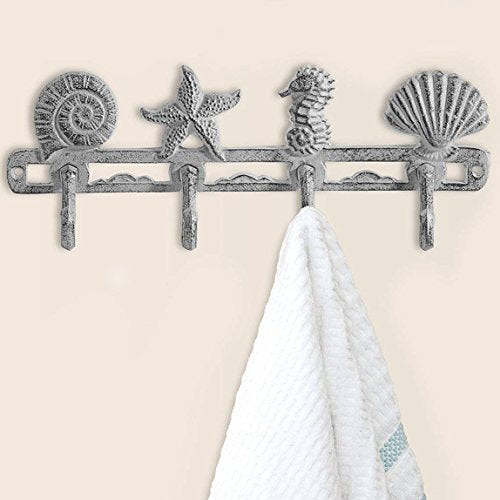 Vintage Seashell Coat Hook Hanger Rustic Cast Iron Wall Hanger w/ 4 Decorative Hooks - Includes Screws and Anchors - in Antique White - Beach House Decor