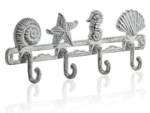 Vintage Seashell Coat Hook Hanger Rustic Cast Iron Wall Hanger w/ 4 Decorative Hooks - Includes Screws and Anchors - in Antique White - Beach House Decor
