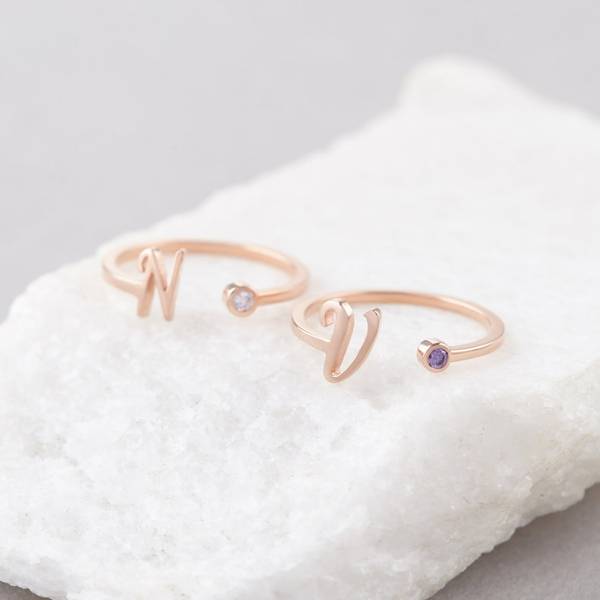 Cursive Initial Ring with Birthstone