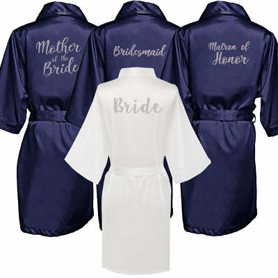 Navy Blue Satin Bridal Shower Robes With Silver Letters