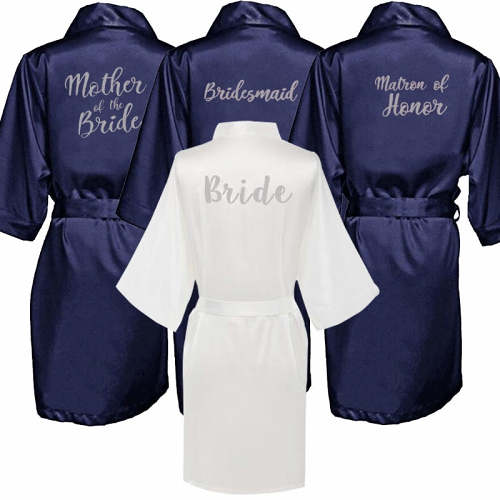 Navy Blue Satin Bridal Shower Robes With Silver Letters