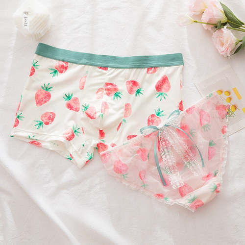 Cute Kawaii Fruit Pattern Matching Couple Underwear With Lace Details
