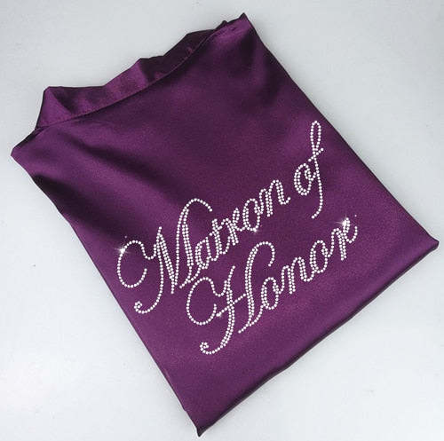 Royal Purple Satin Bride & Bridesmaid Bridal Party Robes with Rhinestone Writing