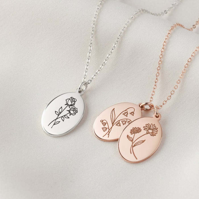 Birth Month Flower Necklace For Mom - Oval
