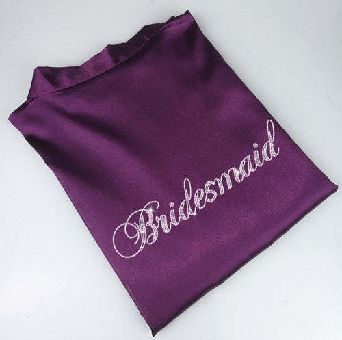 Royal Purple Satin Bride & Bridesmaid Bridal Party Robes with Rhinestone Writing