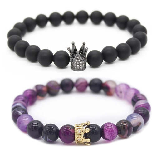 Purple Crystal Real Stone Beads His and Hers Crown Bracelet | Distance Bracelets [Set of 2]