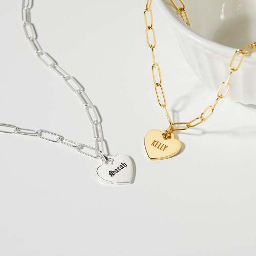 Heart Name Necklace - Paper Clip Chain