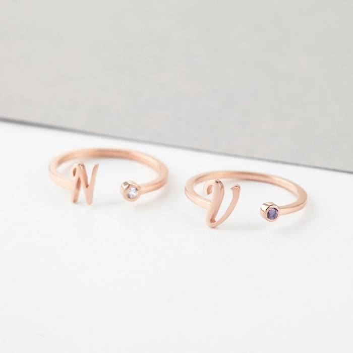 Cursive Initial Ring with Birthstone