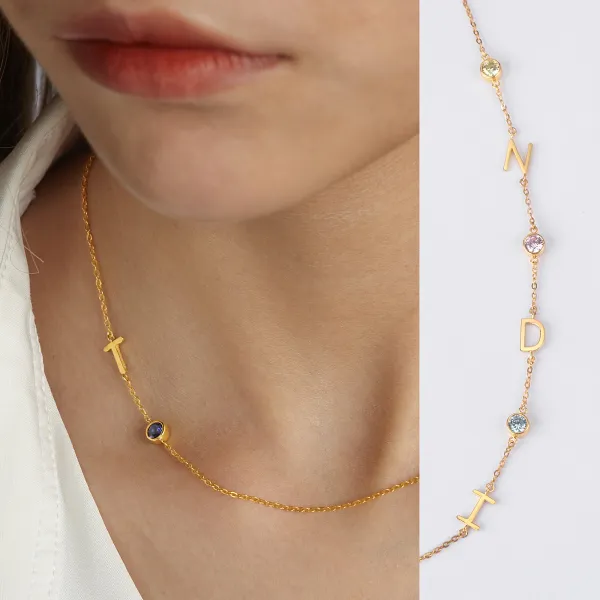 Sideway Initial Necklace With Birthstone
