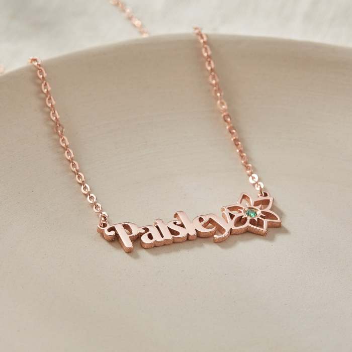 Name Necklace With Birthstone and Birthflower