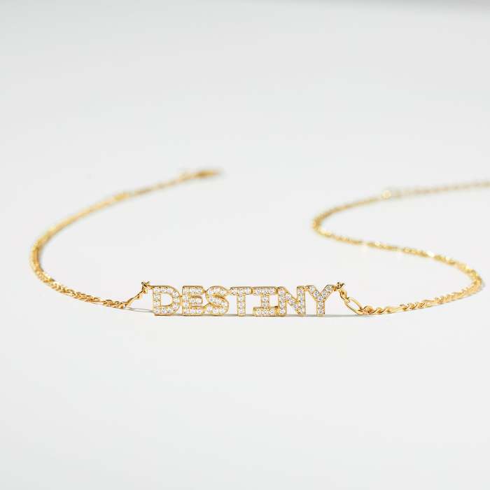 CZ Pave Name Necklace - Figaro Chain