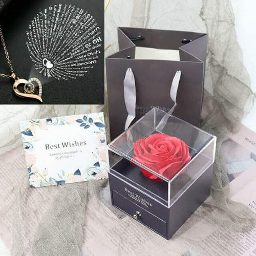 Necklace That Says I Love You In 100 Languages With Rose Box