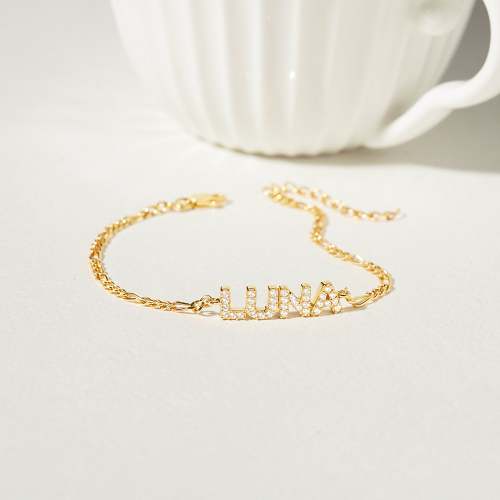 CZ Pave Name Bracelet - Figaro Chain