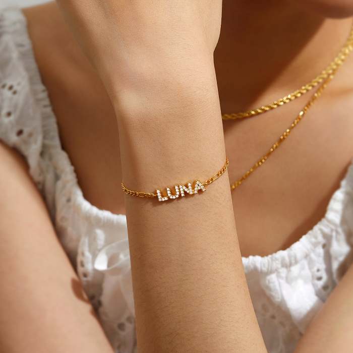 CZ Pave Name Bracelet - Figaro Chain