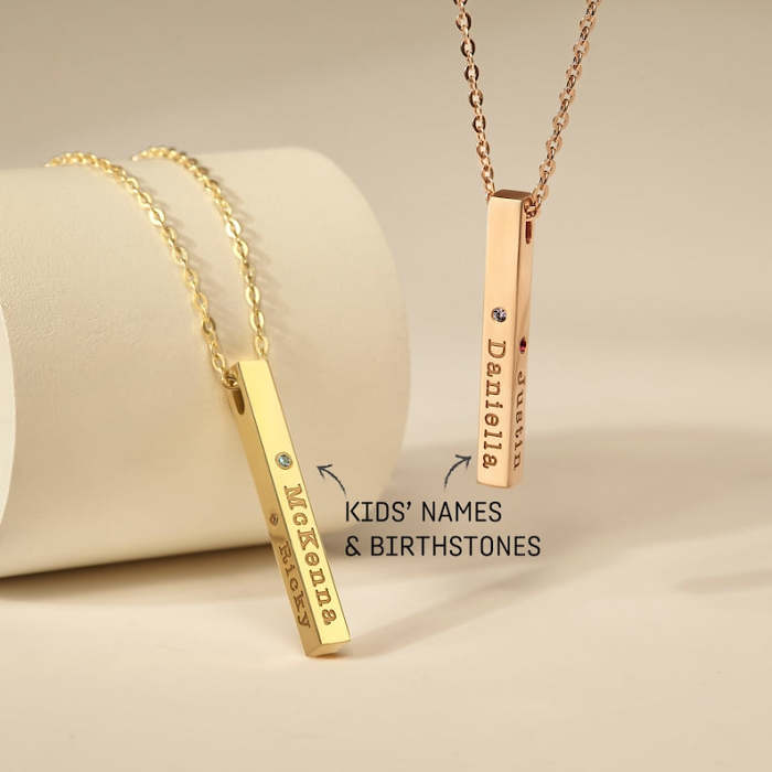 Kids Names Birthstones Necklace - 4 Sides
