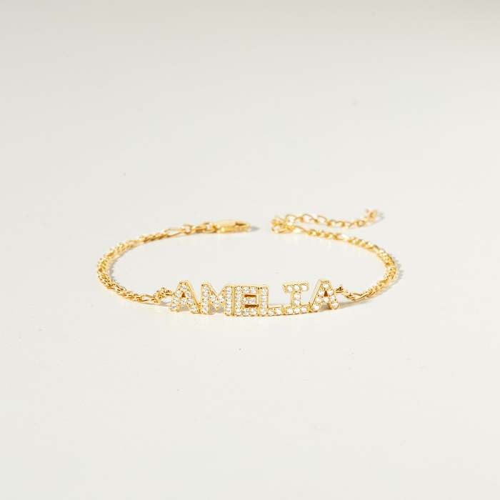 CZ Pave Name Bracelet - Figaro Chain