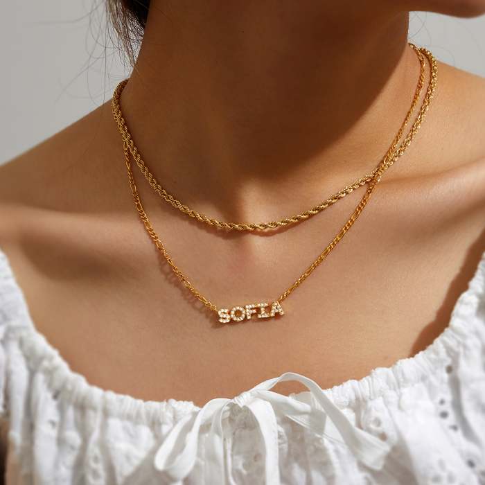 CZ Pave Name Necklace - Figaro Chain