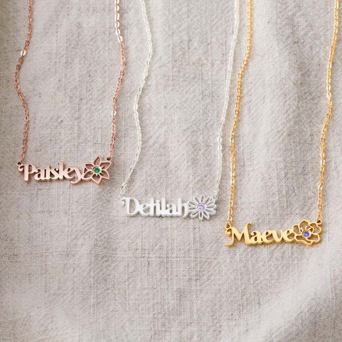Name Necklace With Birthstone and Birthflower